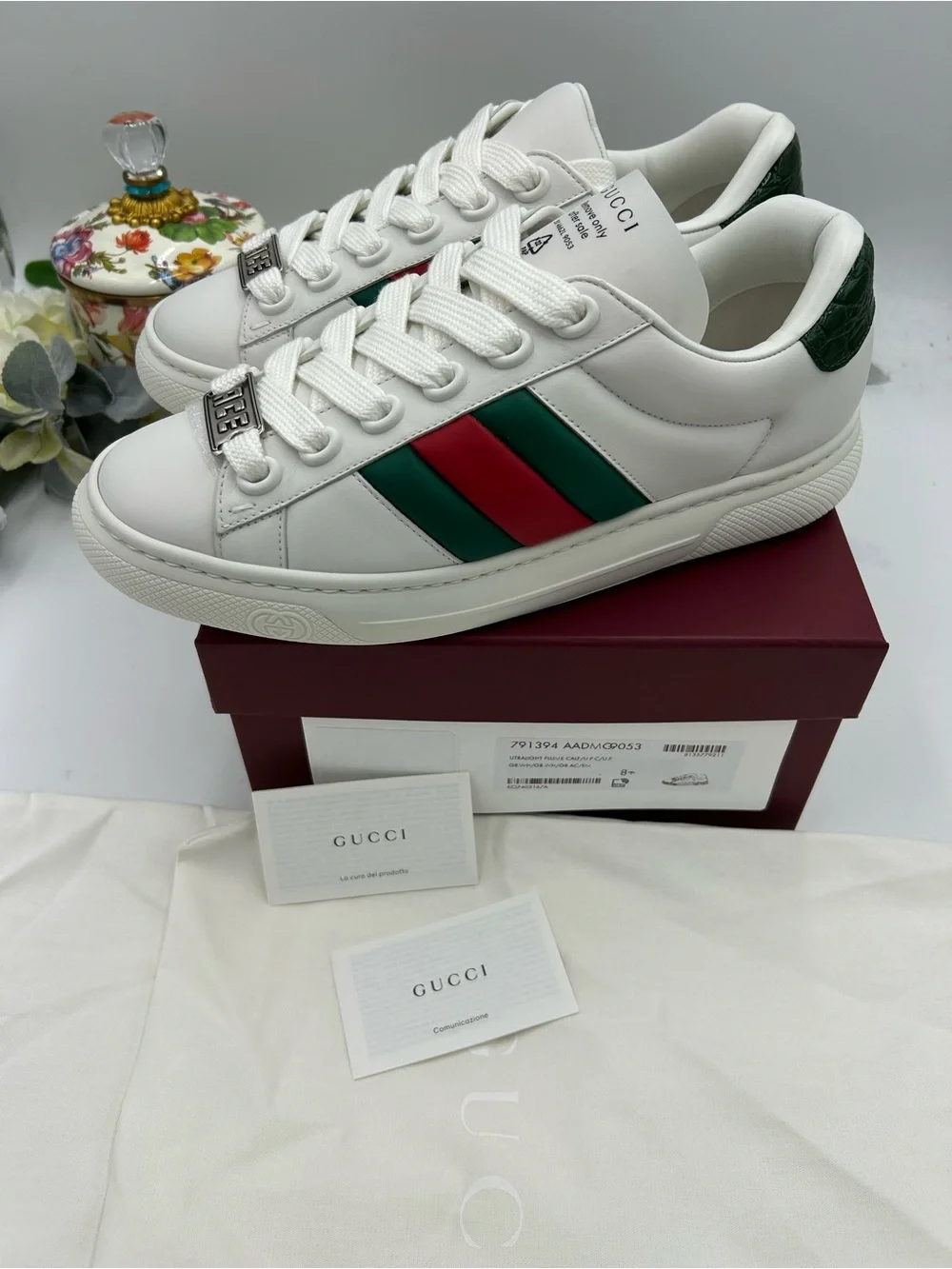 Men's Gucci White Leather ace Sneakers with  web, stripe size 8.5 fits 9.5 US